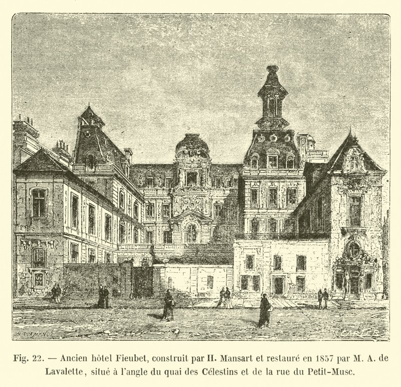 Altes Hotel Fieubet, gebaut von H. Mansart und restauriert 1857 von M. A. de Lavalette, an der Ecke des Quai des Celestins und der Rue du Petit-Musc von French School