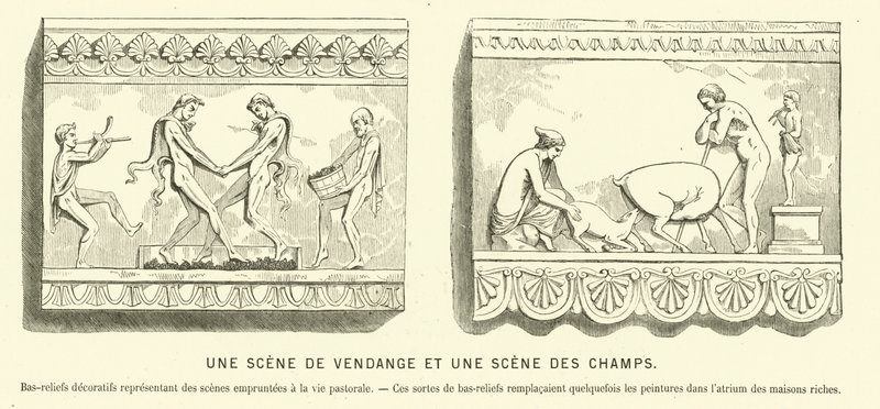 Antike römische Basreliefs, die eine Weinlese und eine Szene auf den Feldern darstellen von French School