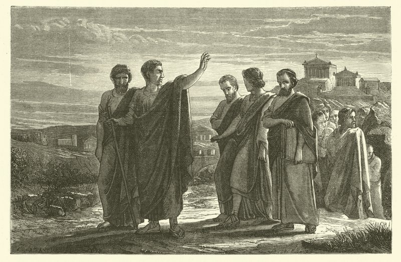 Aristoteles im Exil aus Athen mit seinen Schülern (Stich) von French School