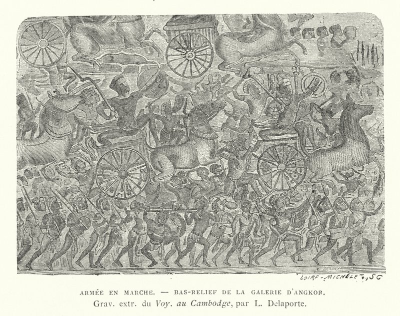 Armee auf dem Marsch, Basrelief aus Angkor, Kambodscha von French School