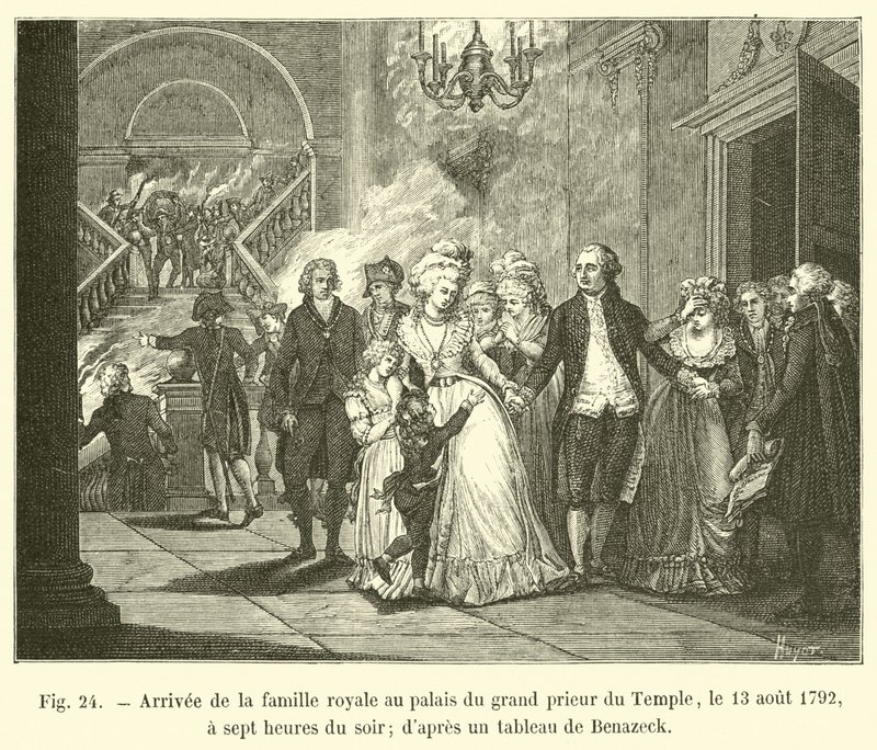 Ankunft der königlichen Familie im Palast des Großpriors des Tempels, 13. August 1792, um sieben Uhr abends (nach einem Gemälde von Benazeck) von French School