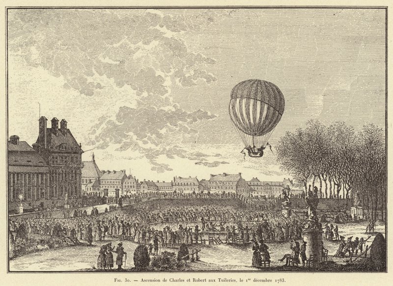 Aufstieg von Charles und Robert in den Tuilerien, 1. Dezember 1783 (Stich) von French School