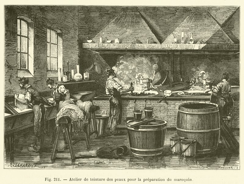 Werkstatt zum Färben von Häuten zur Vorbereitung von Maroquin von French School