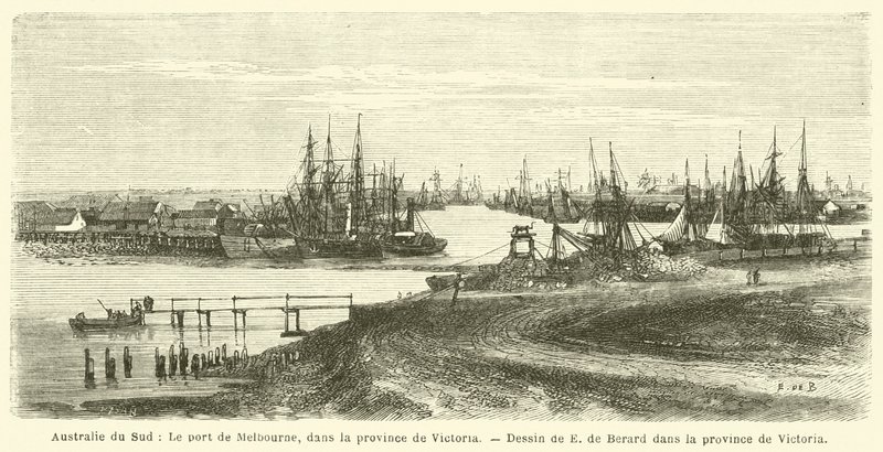 Südaustralien, Der Hafen von Melbourne, in der Provinz Victoria (Gravur) von French School