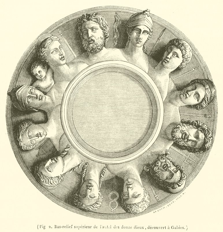 Oberes Basrelief des Altars der zwölf Götter, entdeckt in Gabies (Gravur) von French School
