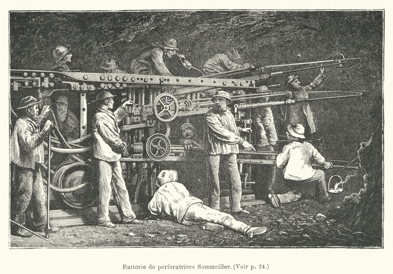 Batterie von Bohrmaschinen Sommeiller (Gravur) von French School