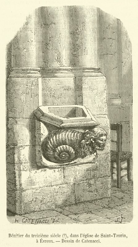 Weihwasserbecken aus dem 13. Jahrhundert?, in der Kirche Saint-Taurin, in Evreux (Stich) von French School