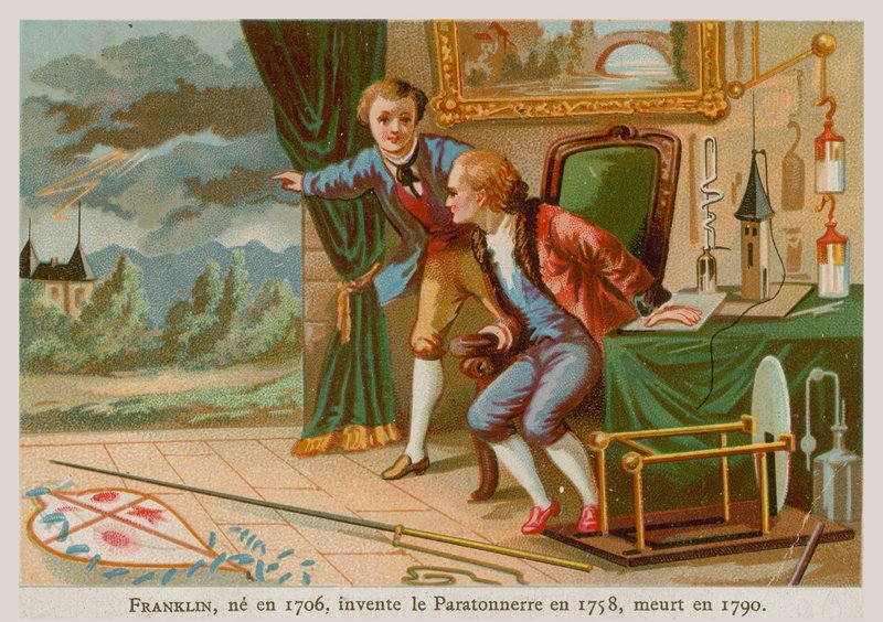 Benjamin Franklin, Erfinder des Blitzableiters und einer der Gründerväter der Vereinigten Staaten (1706-1790) von French School