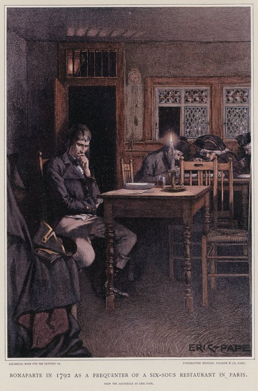 Bonaparte 1792 als Besucher eines Sechs-Sous-Restaurants in Paris von French School