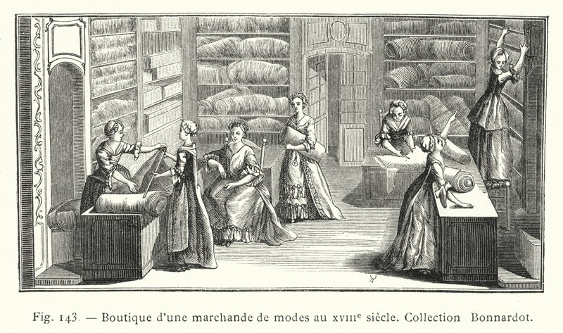 Boutique einer Modemacherin im 18. Jahrhundert, Sammlung Bonnardot (Gravur) von French School
