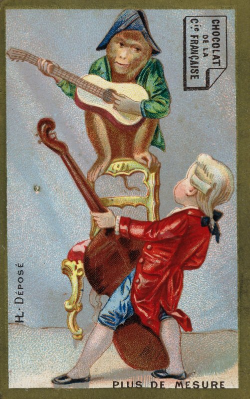 Junge und Affe spielen zusammen Musikinstrumente von French School