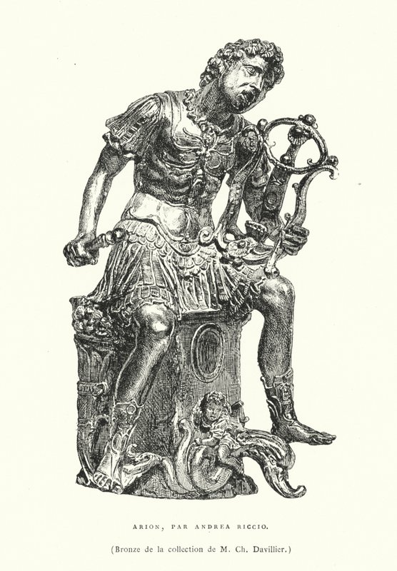 Bronzefigur des antiken griechischen Dichters Arion, von dem italienischen Renaissance-Bildhauer Andrea Riccio, späte 15. oder frühe 16. Jahrhundert (Stich) von French School