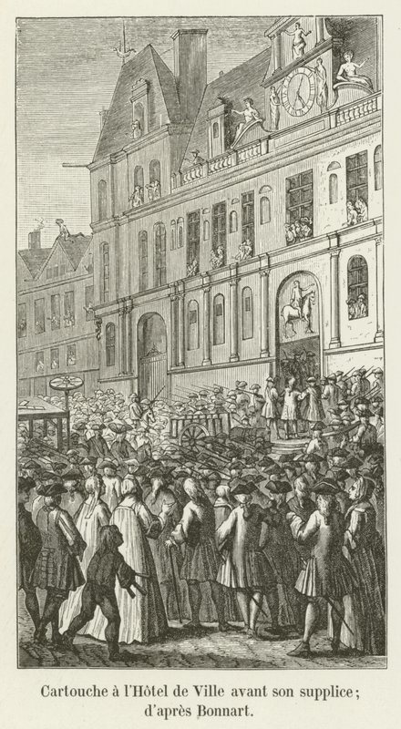 Cartouche im Hotel de Ville vor seiner Hinrichtung; nach Bonnart von French School