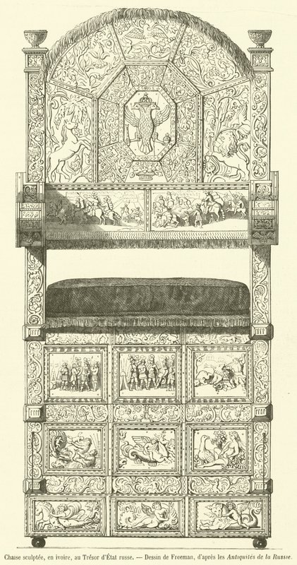 Geschnitzter Stuhl aus Elfenbein im russischen Staatsschatz (Gravur) von French School