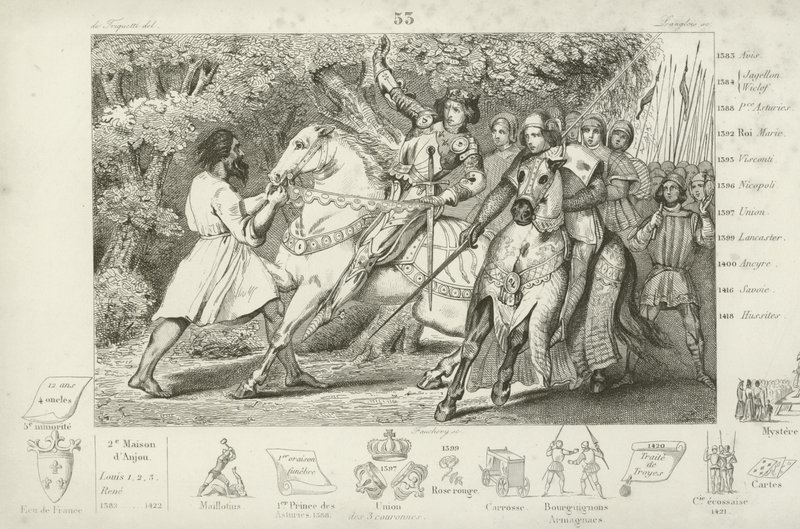Karl VI. von Frankreich wird vor einem Hinterhalt im Wald bei Angers gewarnt, 1392 von French School