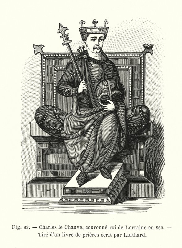 Karl der Kahle, 860 zum König von Lothringen gekrönt, aus einem Gebetbuch von Liuthard (Gravur) von French School