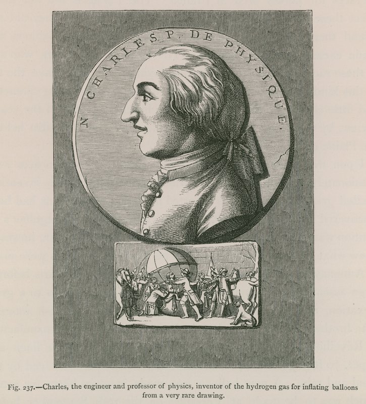 Charles, der Ingenieur und Professor der Physik, Erfinder des Wasserstoffgases zur Ballonfüllung (nach einer sehr seltenen Zeichnung) von French School