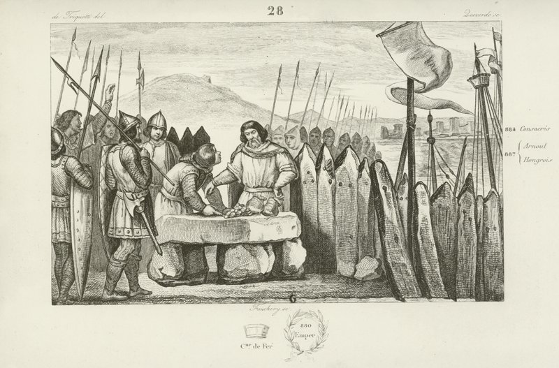 Karl der Dicke zahlt den Wikingern 700 Silberstücke, um ihre Belagerung von Paris aufzugeben, 886 von French School