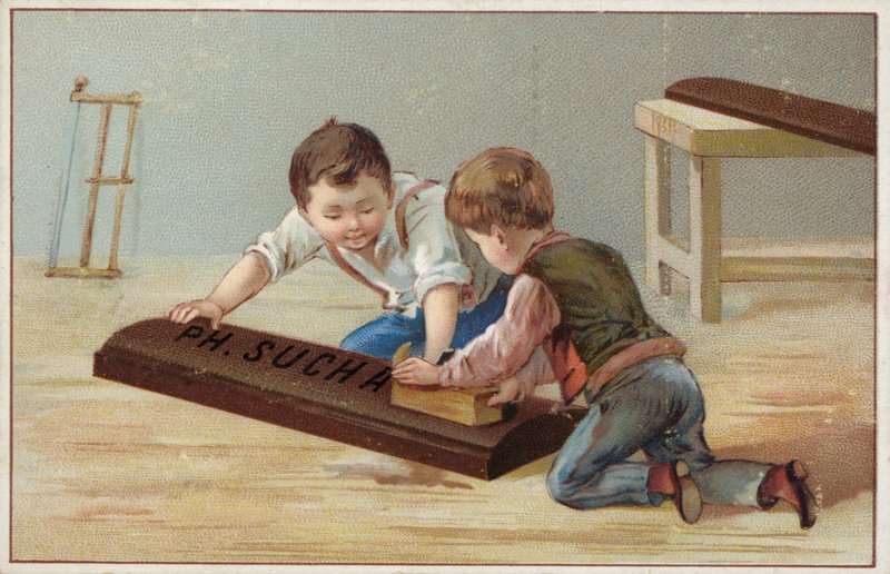Kinder bauen eine große Holzschokoladentafel, Werbung für Suchard Schokolade von French School