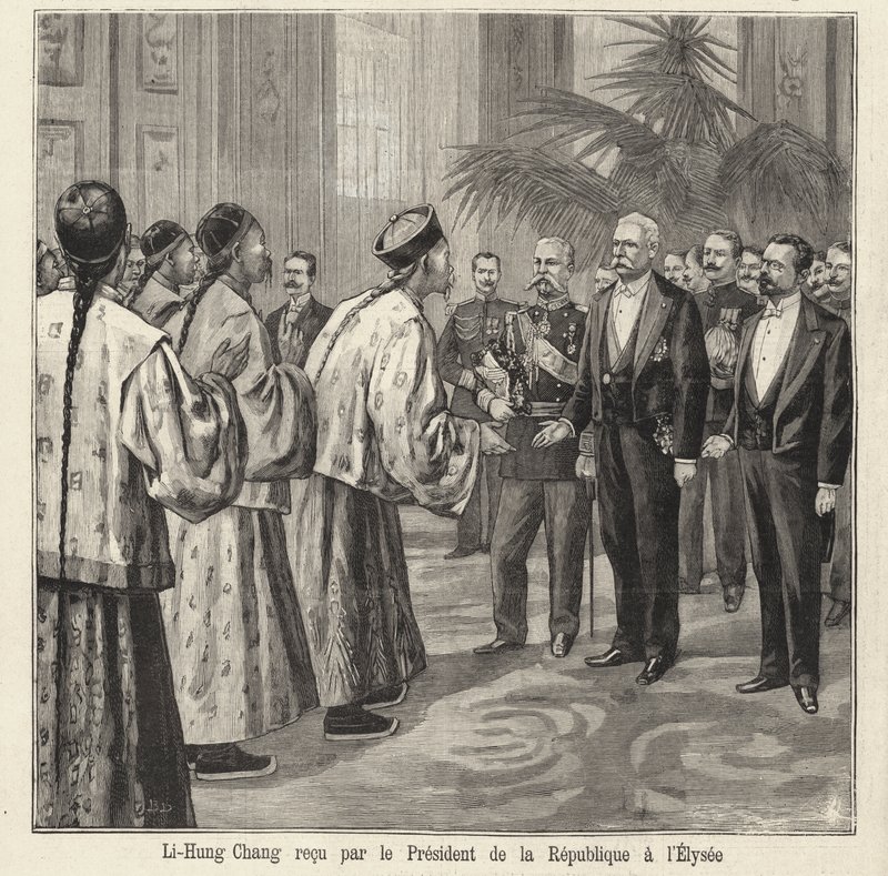 Chinesischer Politiker und Diplomat Li Hongzhang wird vom französischen Präsidenten Felix Faure im Elysee-Palast, Paris, empfangen von French School