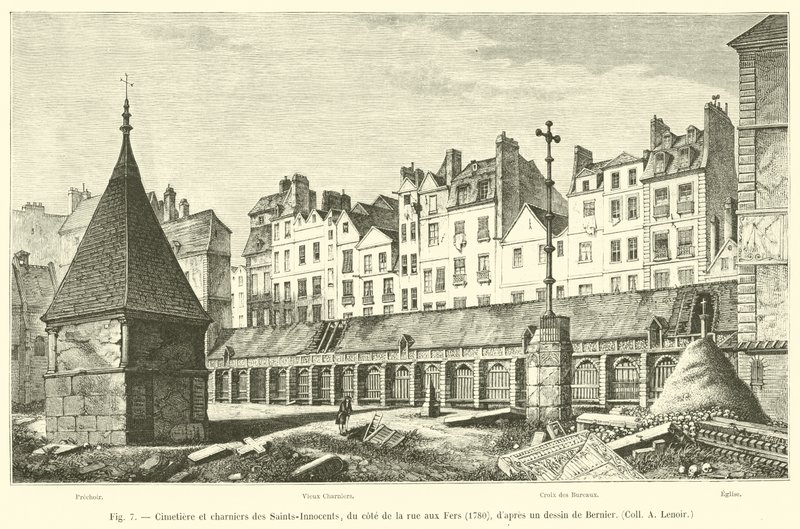 Friedhof und Beinhäuser der Saints-Innocents, von der Rue aux Fers aus gesehen, 1780, nach einer Zeichnung von Bernier, Sammlung A. Lenoir von French School
