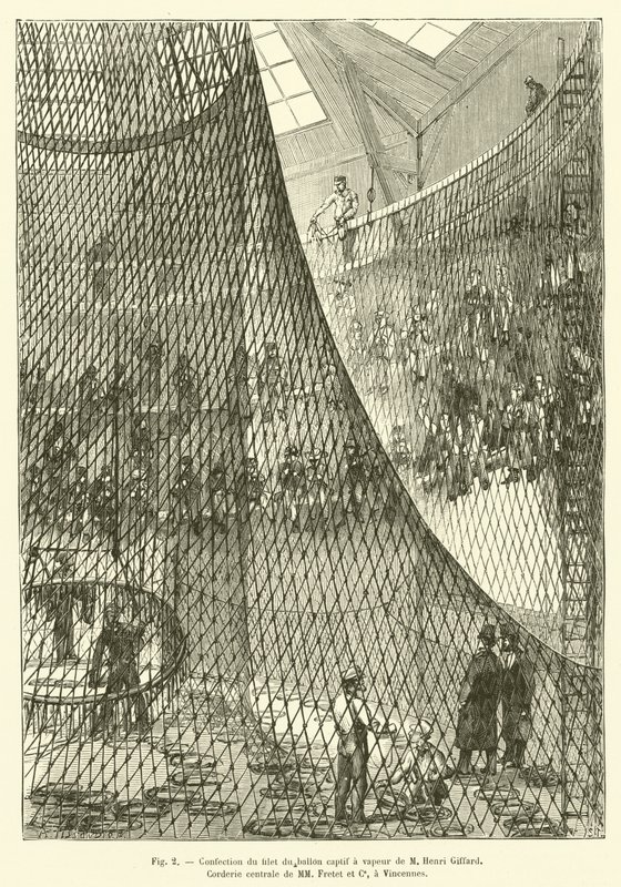 Herstellung des Netzes des dampfbetriebenen Fesselballons von M. Henri Giffard, zentrale Seilerei von MM Fretet und Co. in Vincennes von French School
