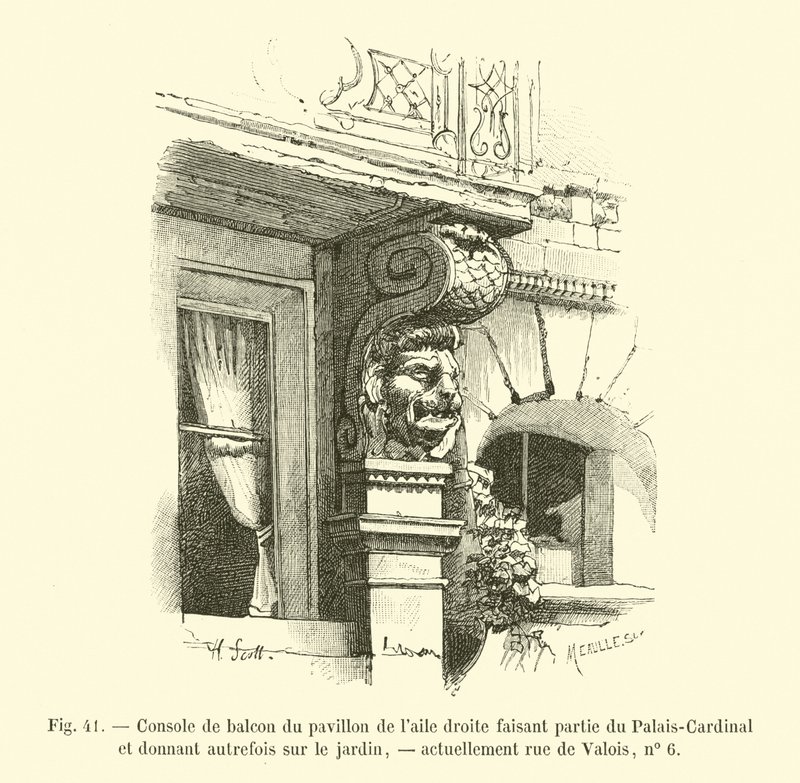 Balkonkonsole des Pavillons des rechten Flügels, Teil des Palais-Cardinal, ehemals mit Blick auf den Garten, heute Rue de Valois, Nr. 6 von French School