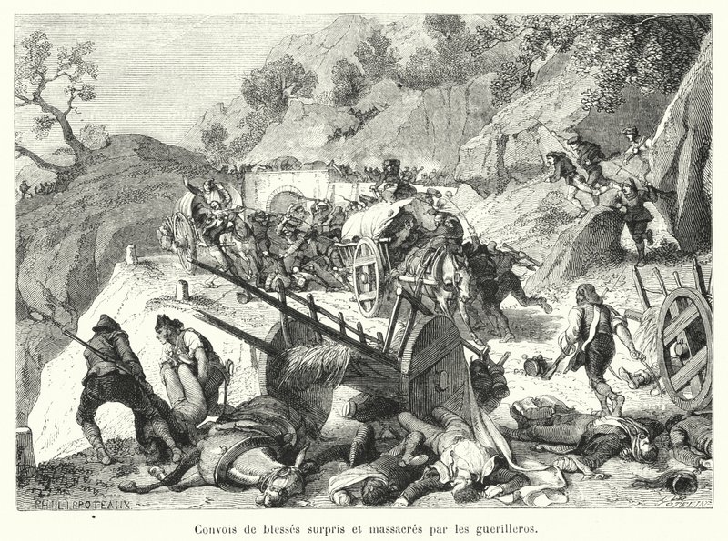 Verwundeten-Konvois von Guerilleros überrascht und massakriert (Gravur) von French School