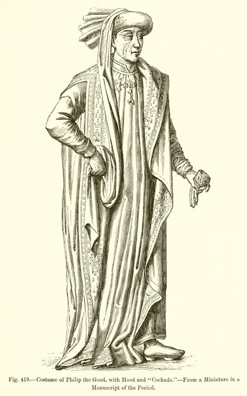 Kostüm von Philipp dem Guten, mit Kapuze und Kokarde von French School