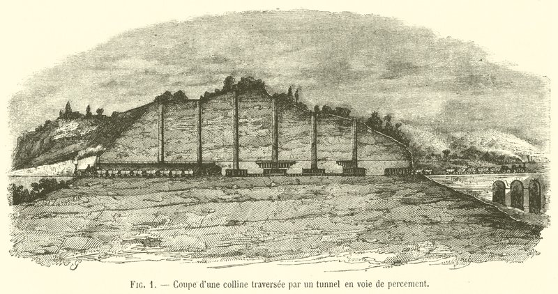 Querschnitt eines Hügels mit einem im Bau befindlichen Tunnel (Gravur) von French School