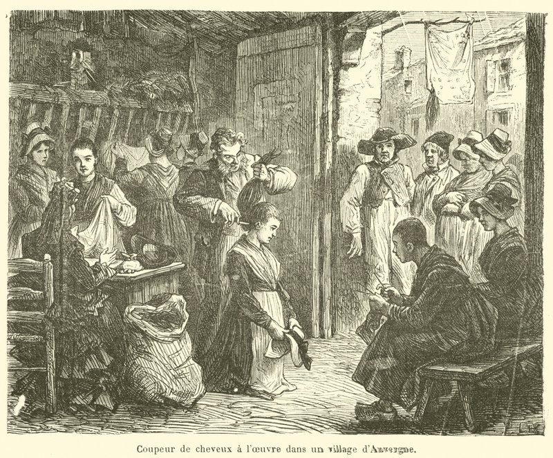 Haarschneider bei der Arbeit in einem Dorf in der Auvergne von French School