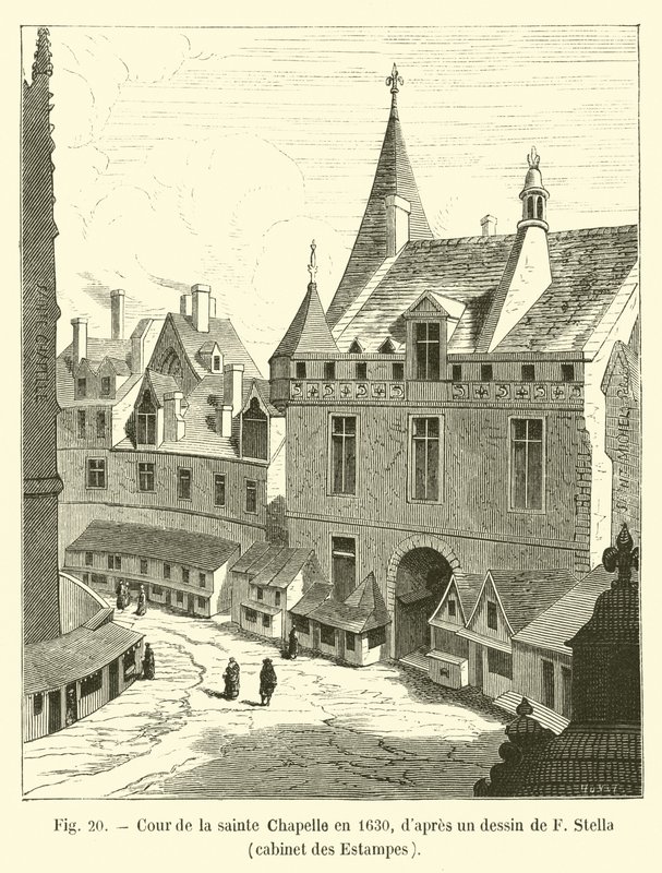 Hof der Sainte-Chapelle im Jahr 1630, nach einer Zeichnung von F. Stella, Kabinett der Stiche von French School