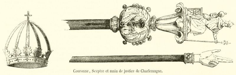 Krone, Zepter und Hand der Gerechtigkeit von Karl dem Großen (Gravur) von French School