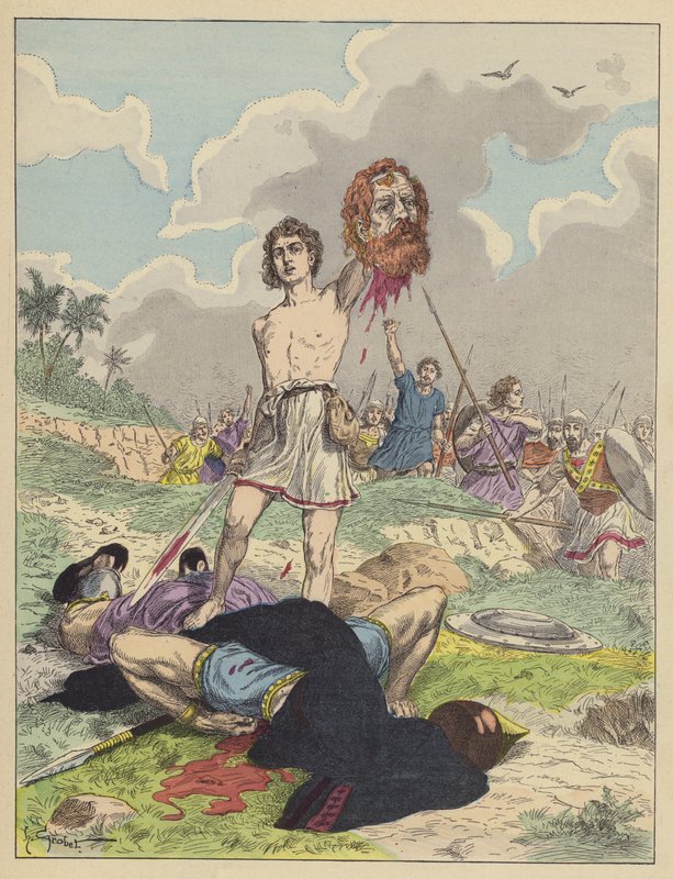 David mit dem Kopf von Goliath (Farblithografie) von French School