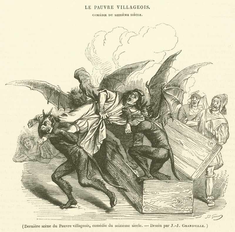 Letzte Szene aus Der arme Dorfbewohner, Komödie des 16. Jahrhunderts von French School