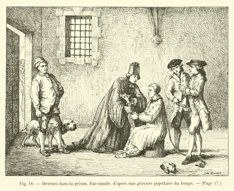 Desrues im Gefängnis, Faksimile, nach einem populären Stich der Zeit von French School