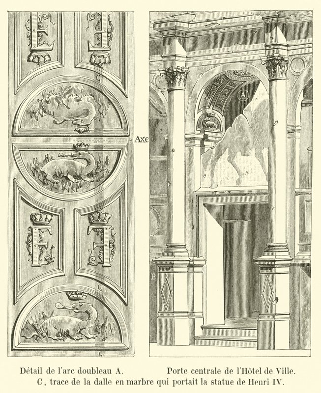 Detail des doppelten Bogens A, Zentrale Tür des Hotel de Ville, C, Spur der Marmorplatte, die die Statue von Heinrich IV trug von French School