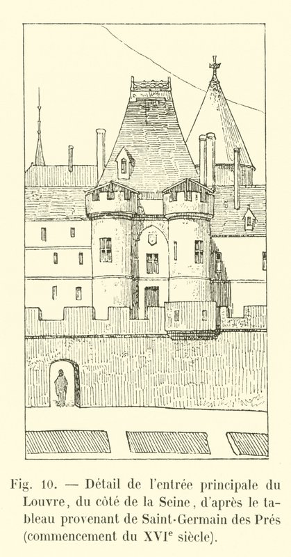 Detail des Haupteingangs des Louvre, von der Seite der Seine, nach dem Gemälde aus Saint-Germain des Prés, Anfang des 16. Jahrhunderts von French School