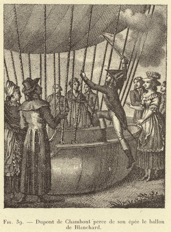 Dupont de Chambont durchbohrt Blanchards Ballon mit seinem Schwert von French School