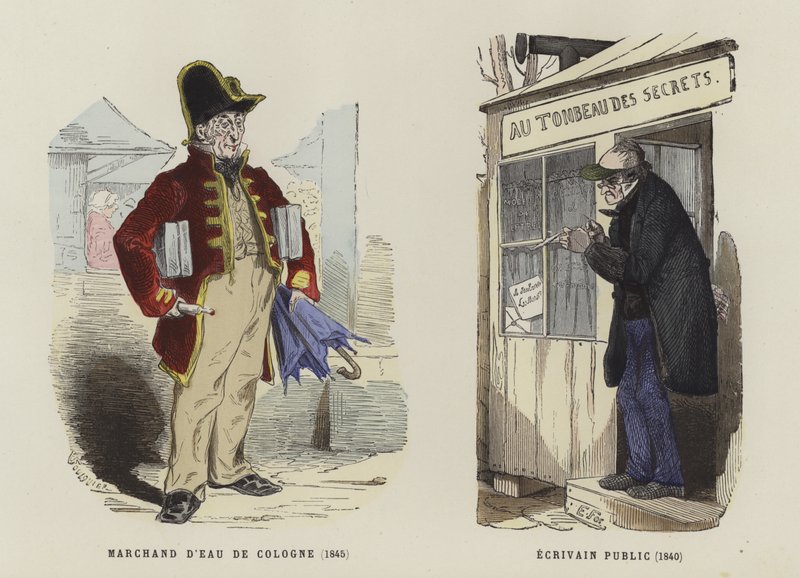 Eau de Cologne-Verkäufer, 1845, und öffentlicher Schreiber, 1840 von French School
