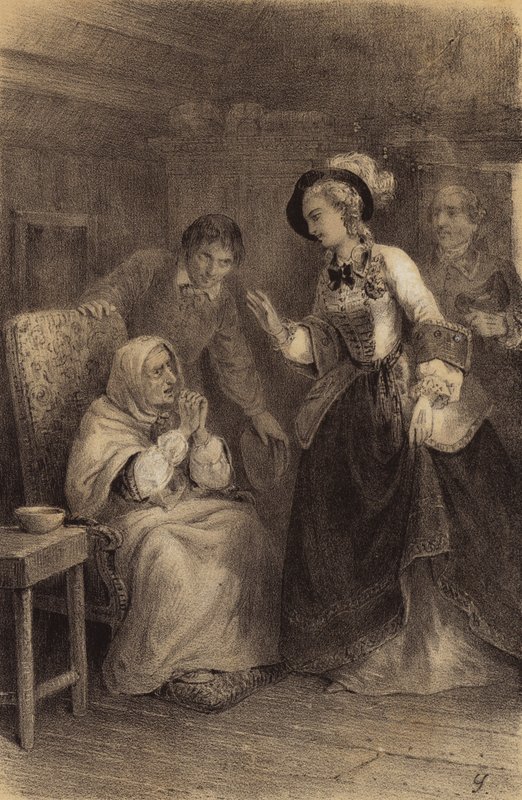 Kaiserin Maria Theresia von Österreich besucht eine arme, ans Haus gebundene Frau von French School