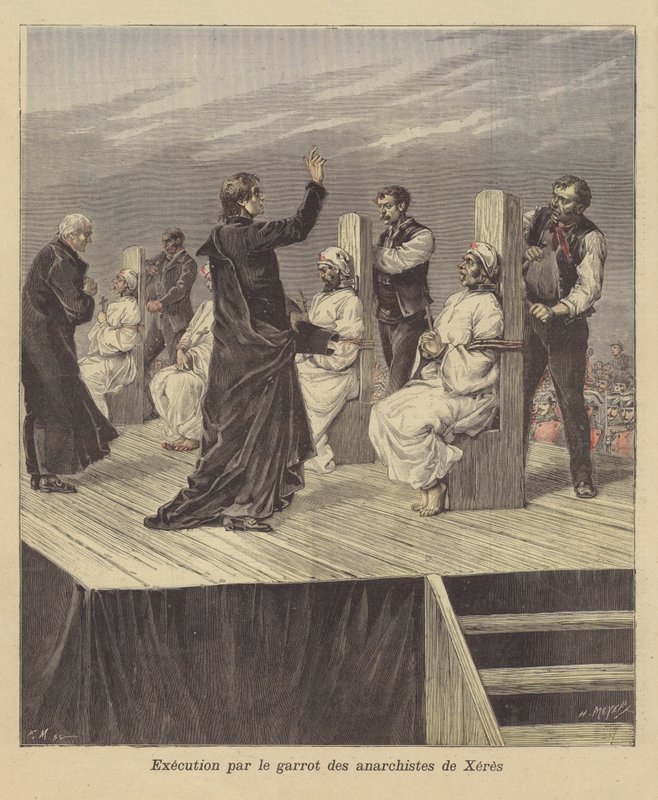 Hinrichtung von Anarchisten durch Garrottieren in Jerez, Spanien von French School
