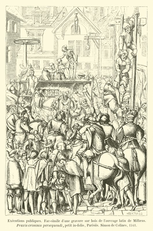 Öffentliche Hinrichtungen, Faksimile eines Holzschnitts aus dem lateinischen Werk von Millaeus, Praxis criminis persequendi, kleines Folio, Paris, Simon de Colines, 1541 von French School