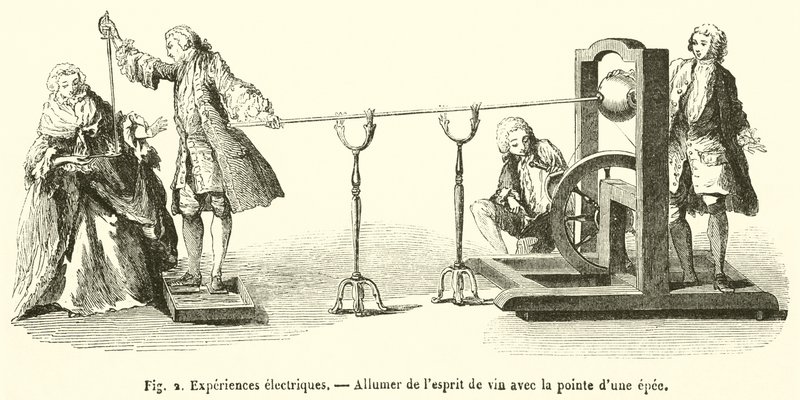 Elektrische Experimente, Anzünden von Spiritus mit der Spitze eines Schwertes von French School