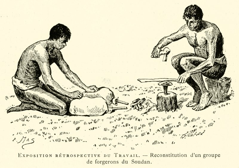 Retrospektive Ausstellung der Arbeit, Rekonstruktion einer Gruppe von Schmieden aus dem Sudan (Gravur) von French School
