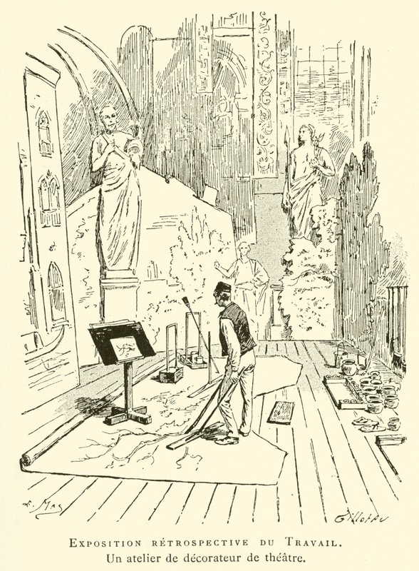 Retrospektive Ausstellung der Arbeit, eine Theaterdekorationswerkstatt (Gravur) von French School