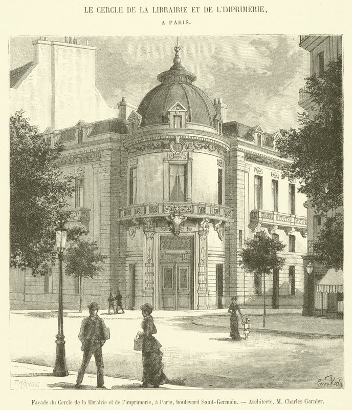 Fassade des Buchhändler- und Druckereivereins in Paris, Boulevard Saint-Germain von French School