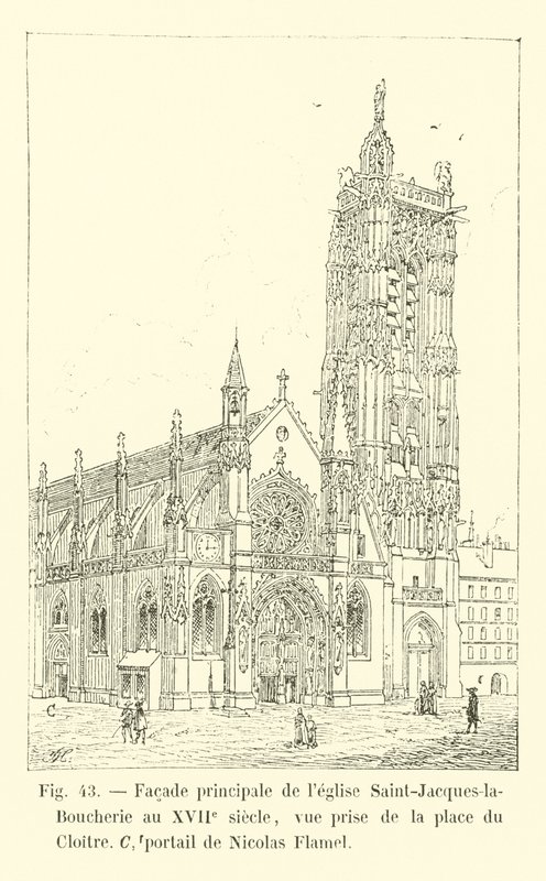 Hauptfassade der Kirche Saint-Jacques-la-Boucherie im 17. Jahrhundert, Ansicht vom Platz des Klosters, Portal von Nicolas Flamel von French School