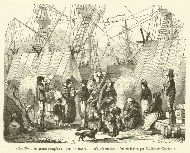 Familien von Auswanderern im Hafen von Le Havre (Gravur) von French School