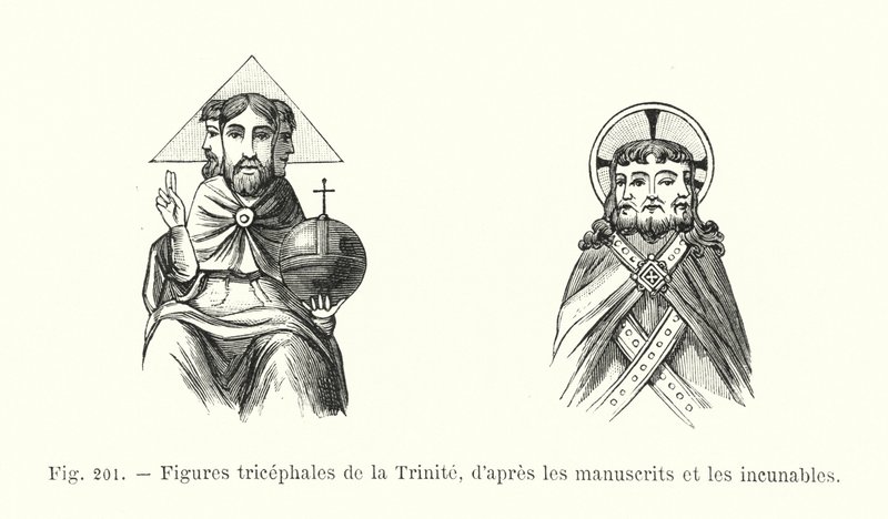 Dreiköpfige Figuren der Dreifaltigkeit, nach Manuskripten und Inkunabeln von French School